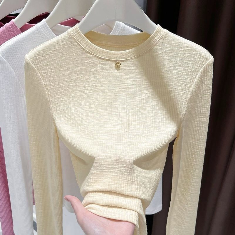 Undershirt Crew Neck - Damen Slub-Baumwolle Langarm T-Shirt Rundhals Slim